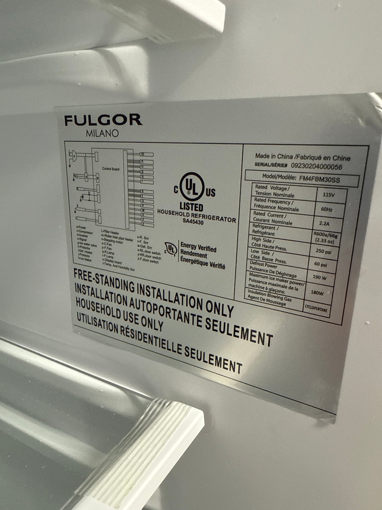 Réfrigérateur FULGOR MILANO 17.5 Pi. cu. Portes françaises Inox FM4FBM30SS