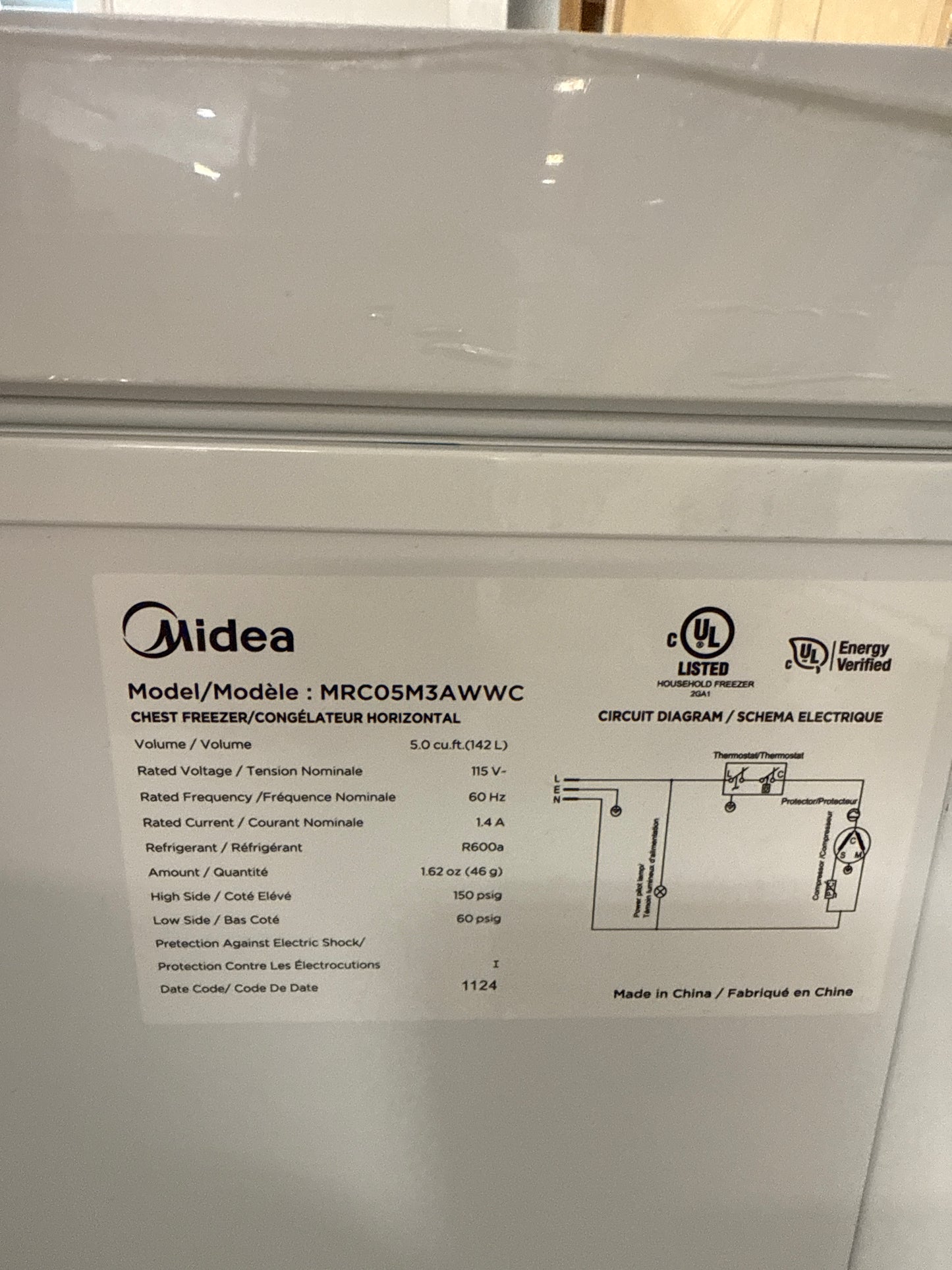 Congélateur horizontal Midea blanc de 5 pi³, 33,5 x 24,9 x 21,7 po MRC05M3AWWC