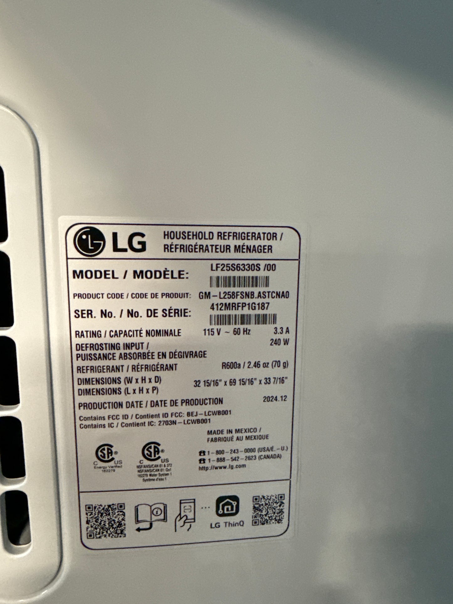 Réfrigérateur à 3 portes 24,5 pi³ 33 po avec distributeur d'eau et de glaçons de LG (LF25S6330S) - Inox