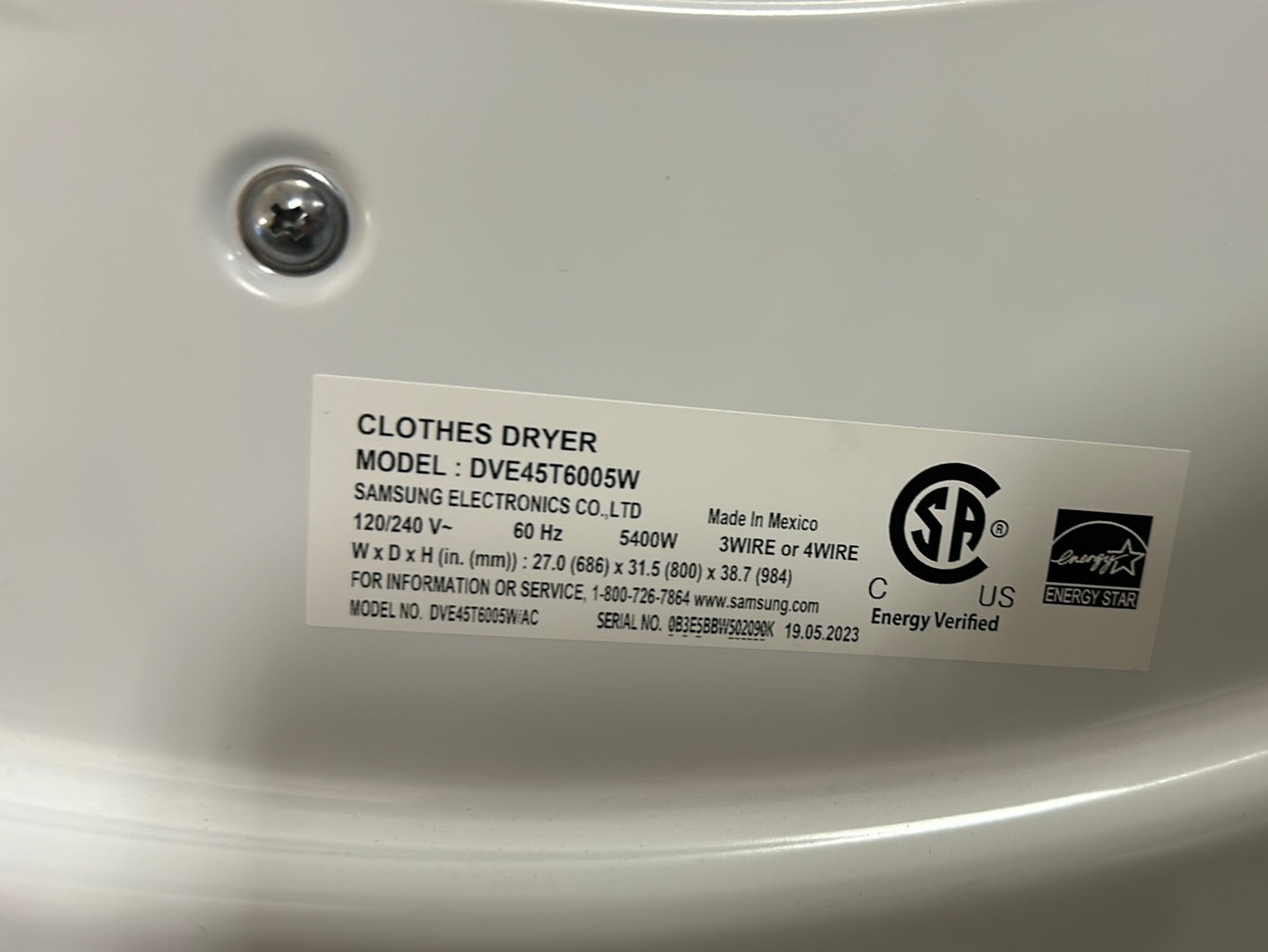 Sécheuse électrique de 7,5 pi³ de Samsung (DVE45T6005W/AC) - Blanc