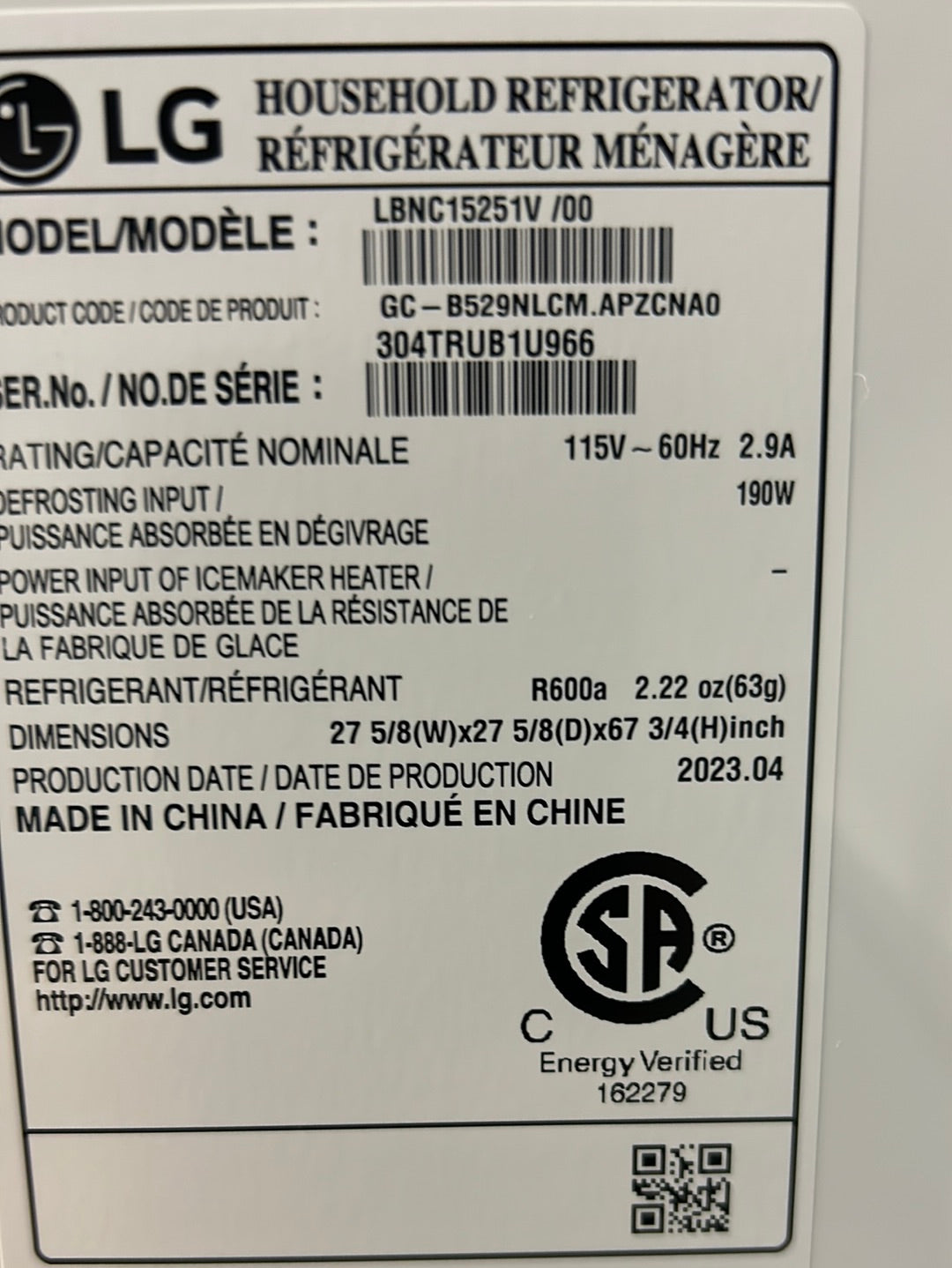Réfrigérateur congélat. inférieur profondeur comptoir 14,7 pi³ 28 po LG (LBNC15251V)-Argenté platine