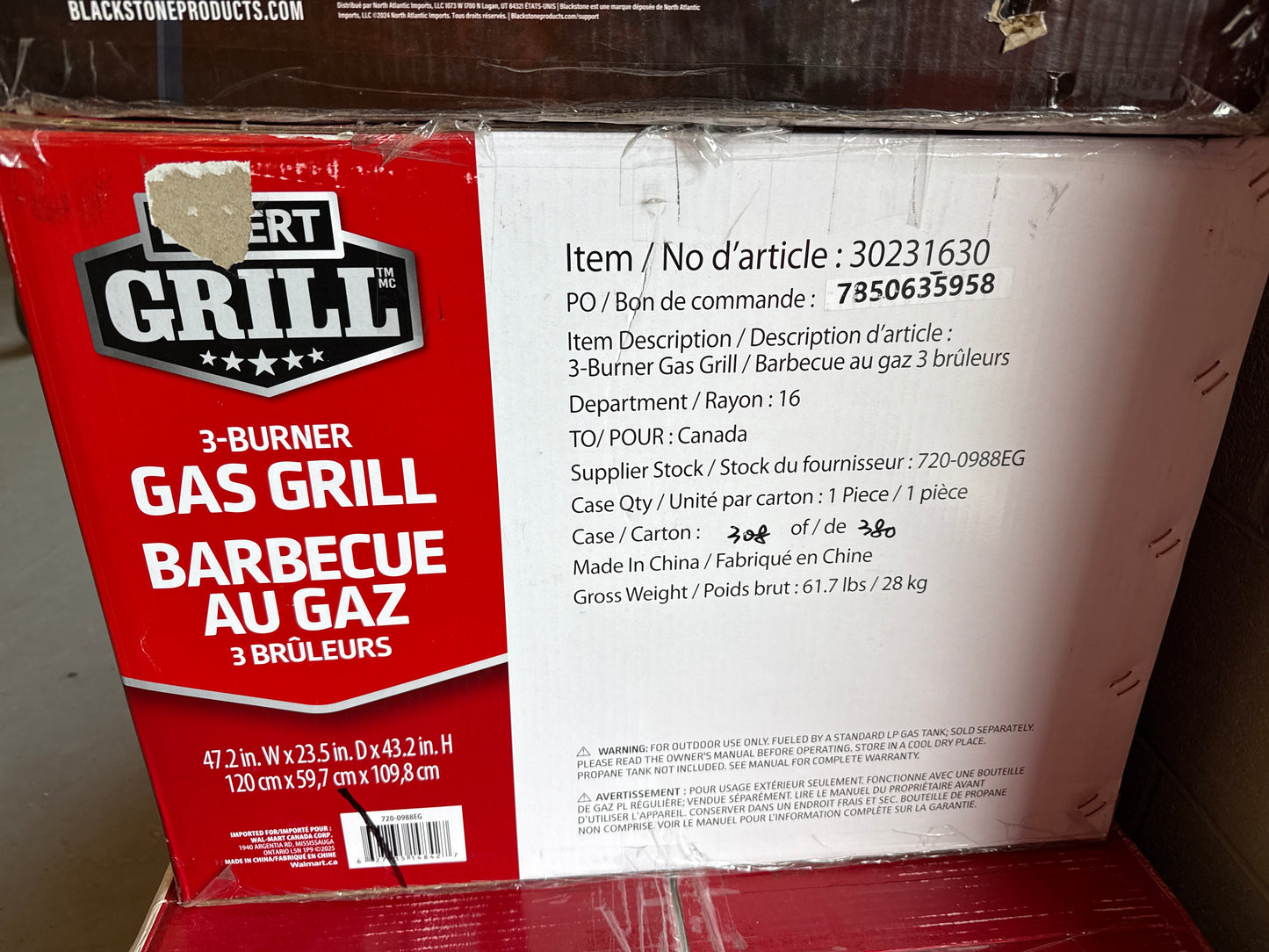 Expert Grill Barbecue au gaz propane à 3 brûleurs avec brûleur latéral et couvercle en acier inoxydable 30 000 BTU