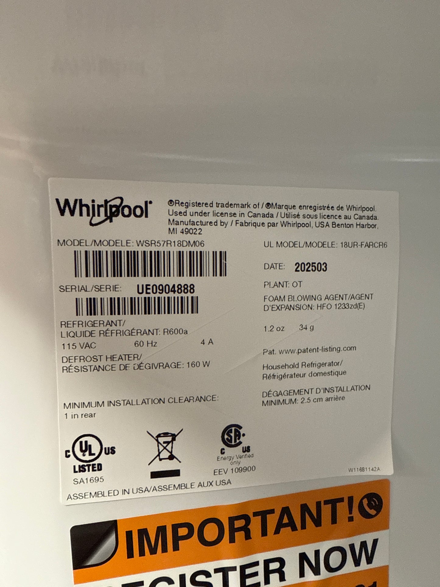 Whirlpool Tout réfrigérateur de 31 po, 17,7 pi.cu. amovible avec éclairage DEL WSR57R18DM