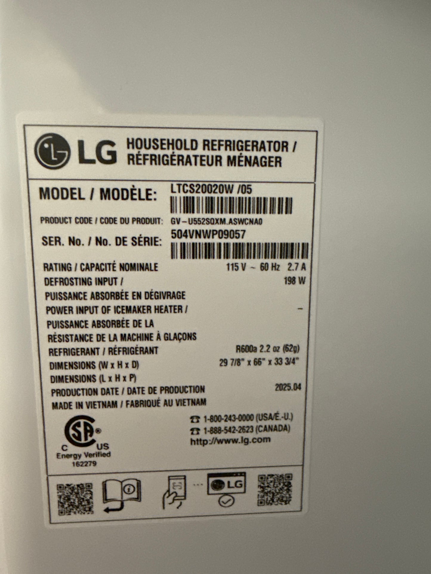 Réfrigérateur avec congélateur en haut de 20 pi3 d’une largeur de 30 po LTCS20020W BLANC