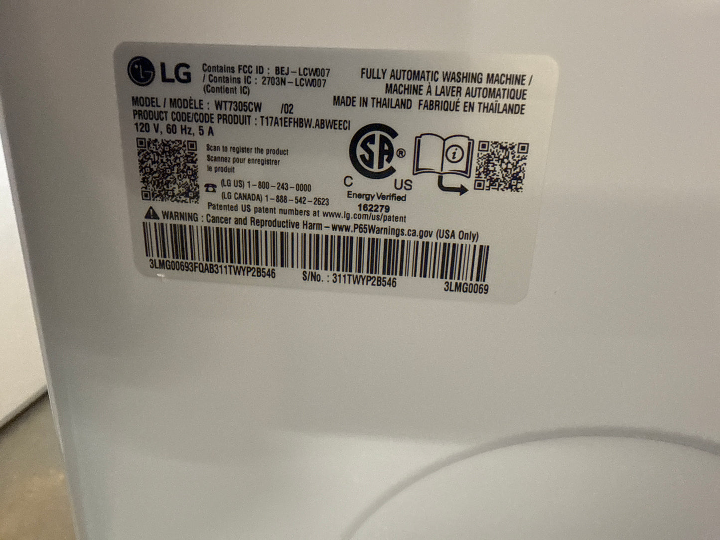 Laveuse à chargement par le haut HE TurboWash de 5,8 pi³ de LG (WT7305CW) - Blanc