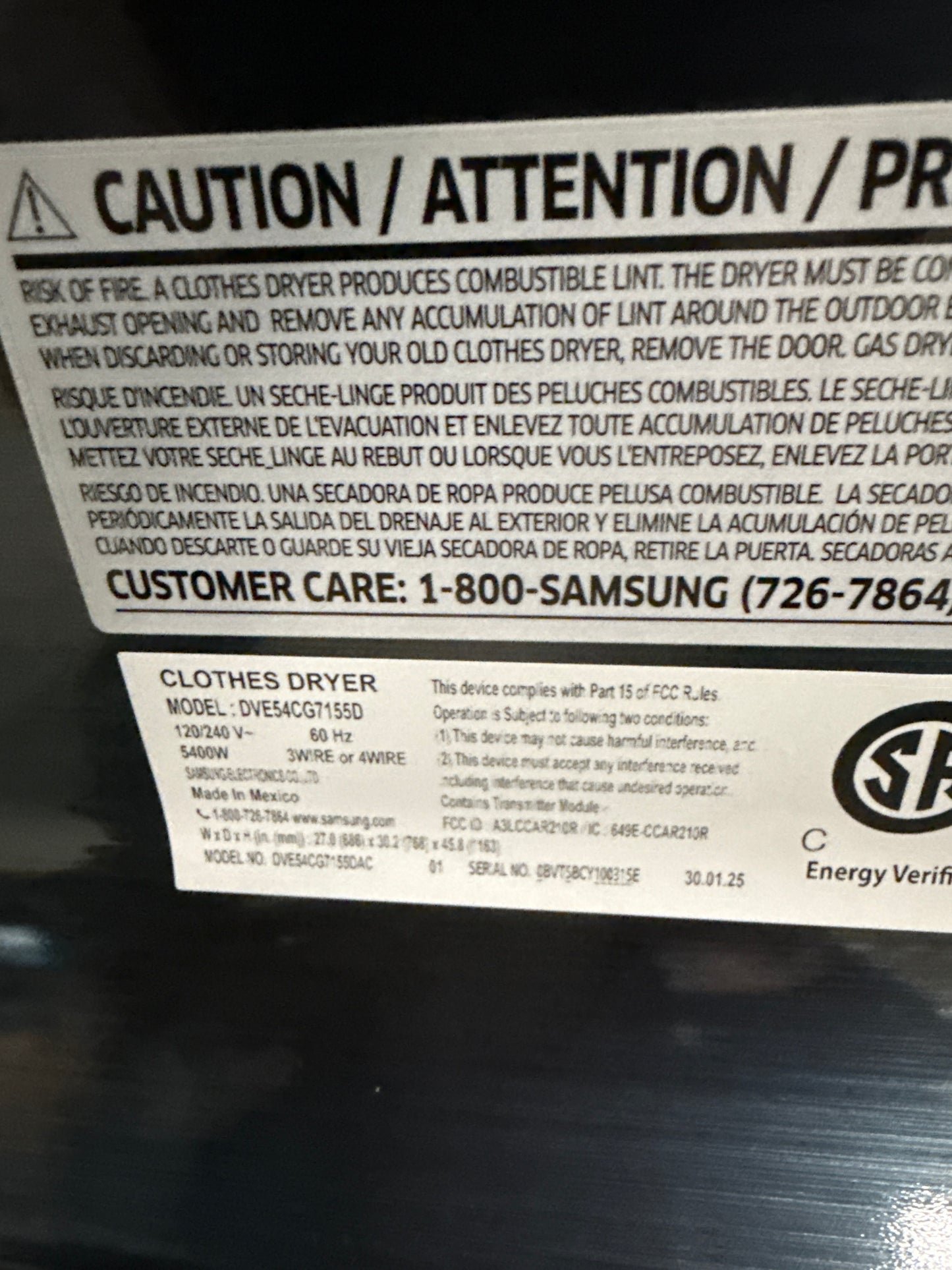Sécheuse électrique à vapeur de 7,4 pi³ de Samsung (DVE54CG7155DAC) - Bleu marine