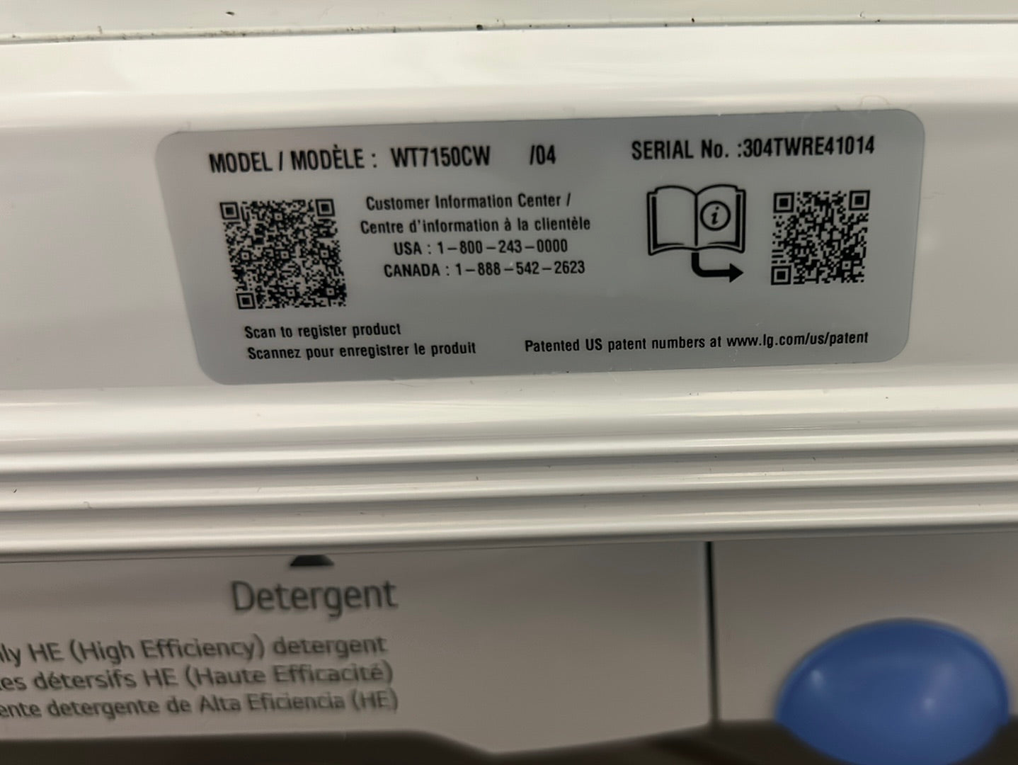 Laveuse à chargement par le haut haute efficacité de 5,8 pi³ de LG (WT7150CW) - Blanc