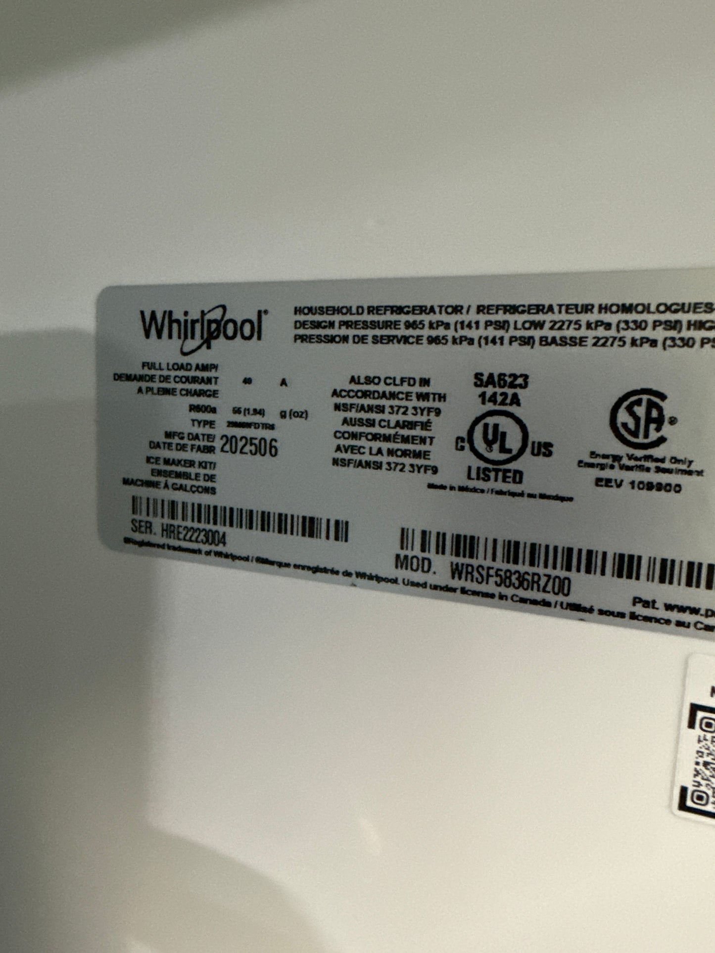 Whirlpool Réfrigérateur côte à côte en acier inoxydable résistant aux traces de doigts - 36 po - 28.7 pi cu WRSF5536RZ