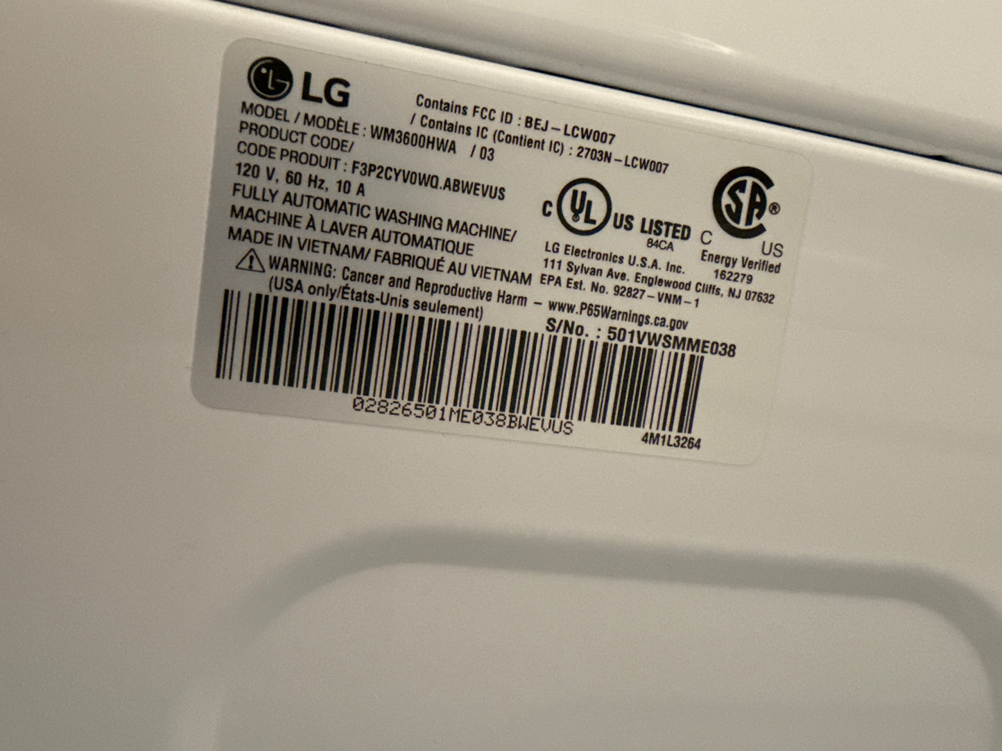 Laveuse à chargement frontal LG 5,2 pi³ superposable blanche ENERGY STAR® WM3600HW