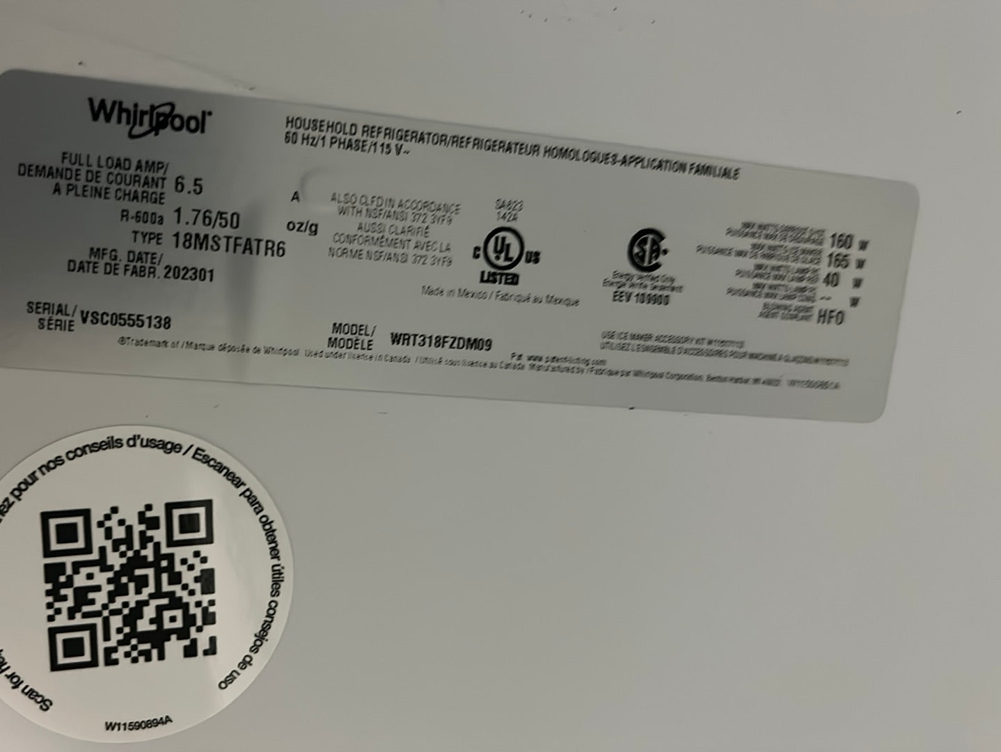 Réfrigérateur à congélateur supérieur 30 po 18,2 pi3 de Whirlpool - Acier inoxydable WRT318FZDM