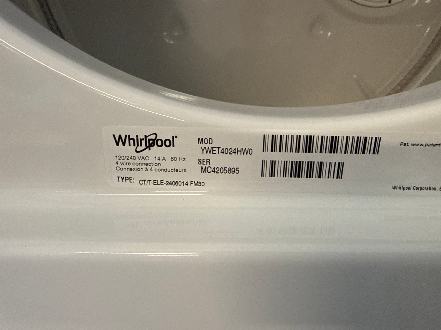 Duo laveuse électrique de 1,9 pi³ et sécheuse de 3,4 pi³ de Whirlpool (YWET4024HW) - Blanc