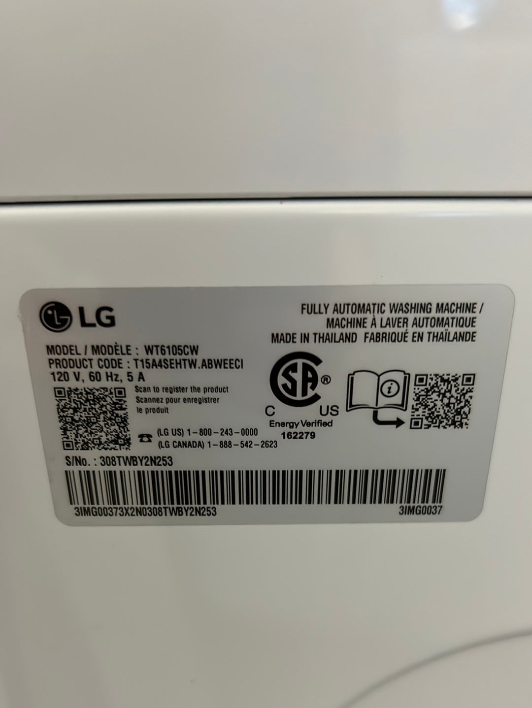 Laveuse à chargement par le haut haute efficacité de 4,8 pi³ de LG (WT6105CW) - Blanc