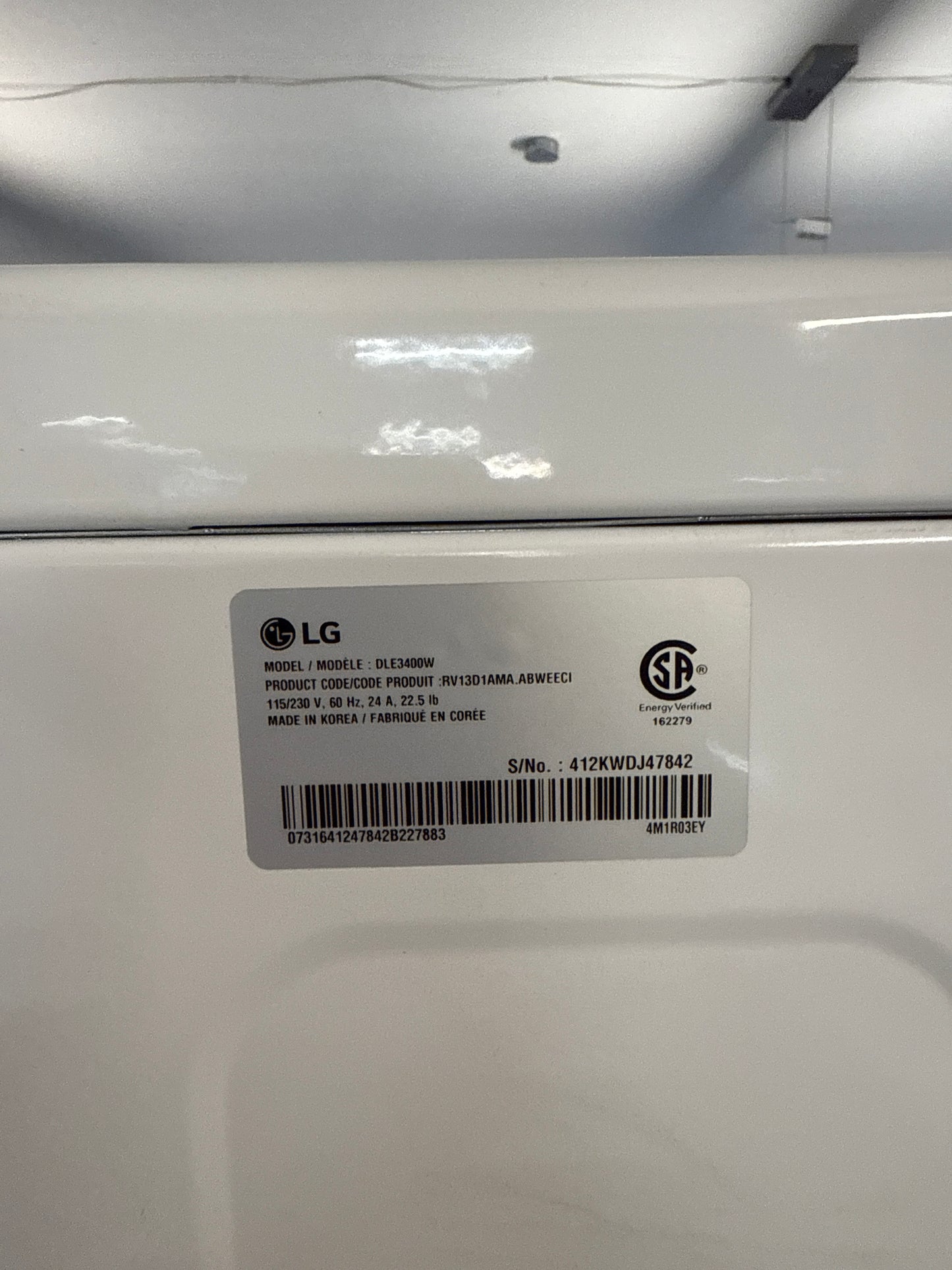 Laveuse WM3400CW. chargement frontal haute efficacité 5,2 pi³/sécheuse DLE3400W Vélectrique 7,4 pi³ de LG - BLANCHE