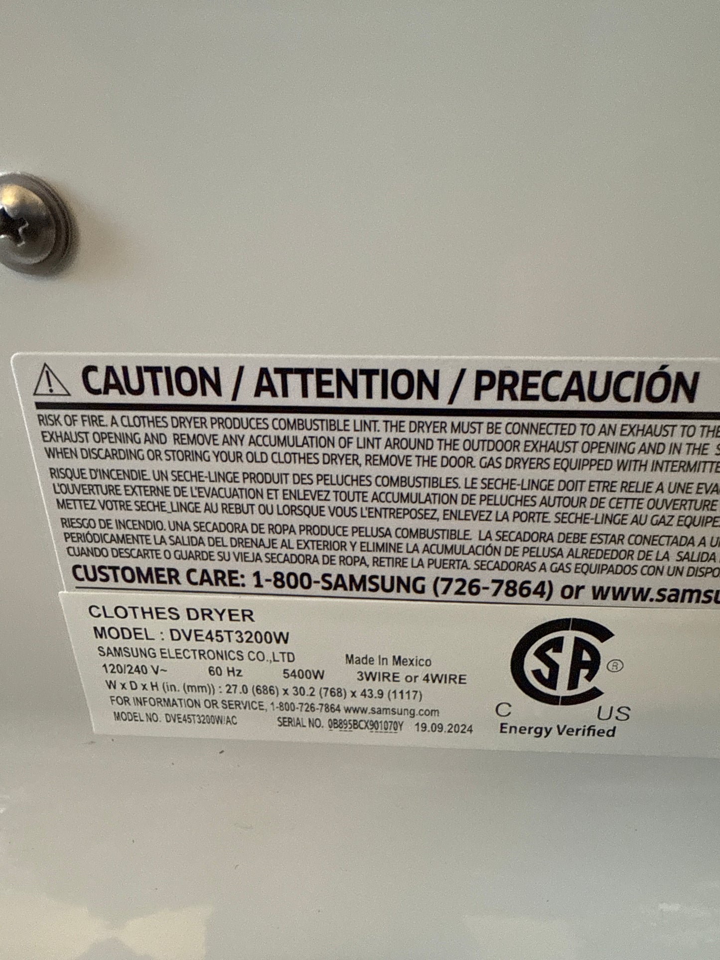 Sécheuse électrique de 7,2 pi³ de Samsung (DVE45T3200W) - Blanc