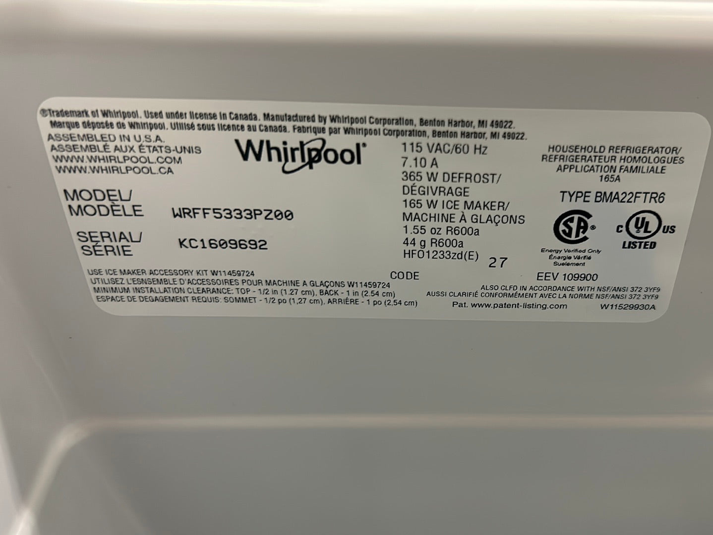 Réfrigérateur à deux portes 22,1 pi³ 33 po avec distributeur d'eau de Whirlpool (WRFF5333PZ) - Inox