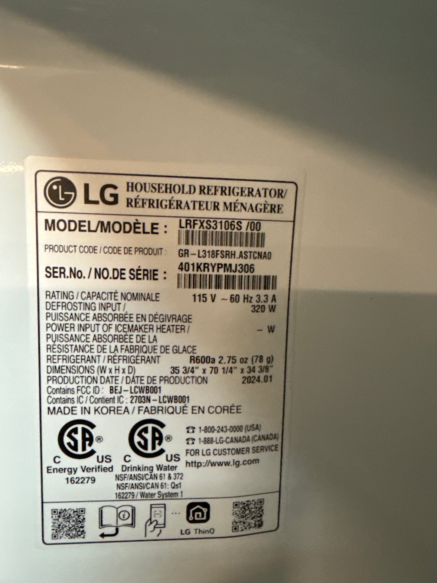 Réfrigérateur 2 portes 31 pi³ 36 po de LG, distributeur eau et glaçons (LRFXS3106S) - Inox