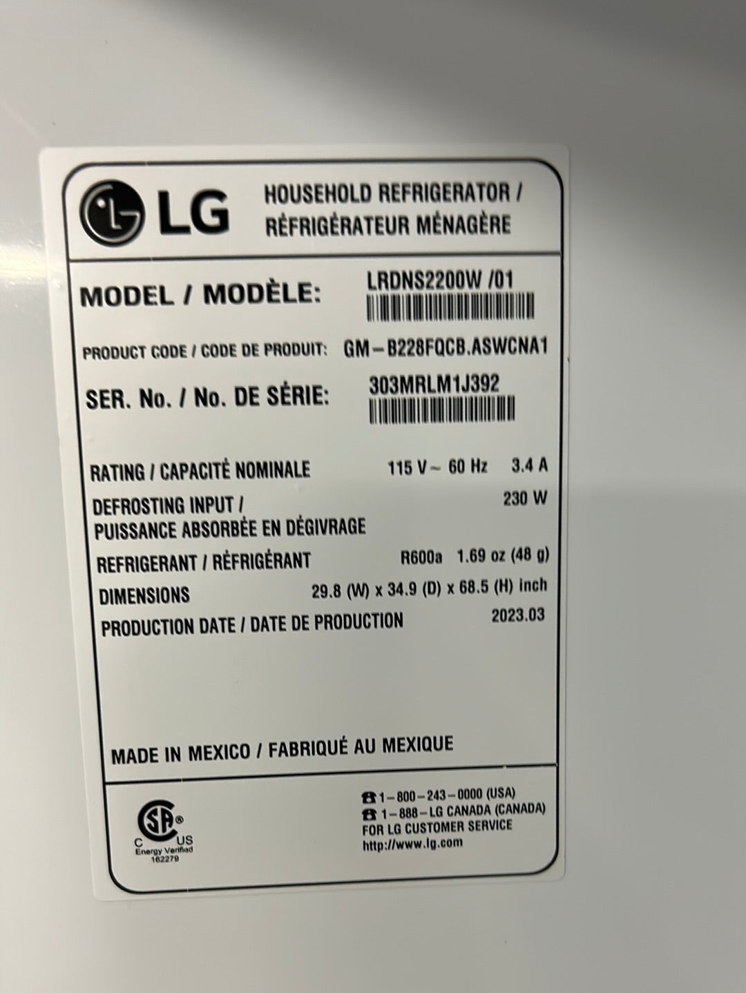 LG Réfrigérateur 22,1 pi³ à congélateur en bas 30 po blanc LRDNS2200W