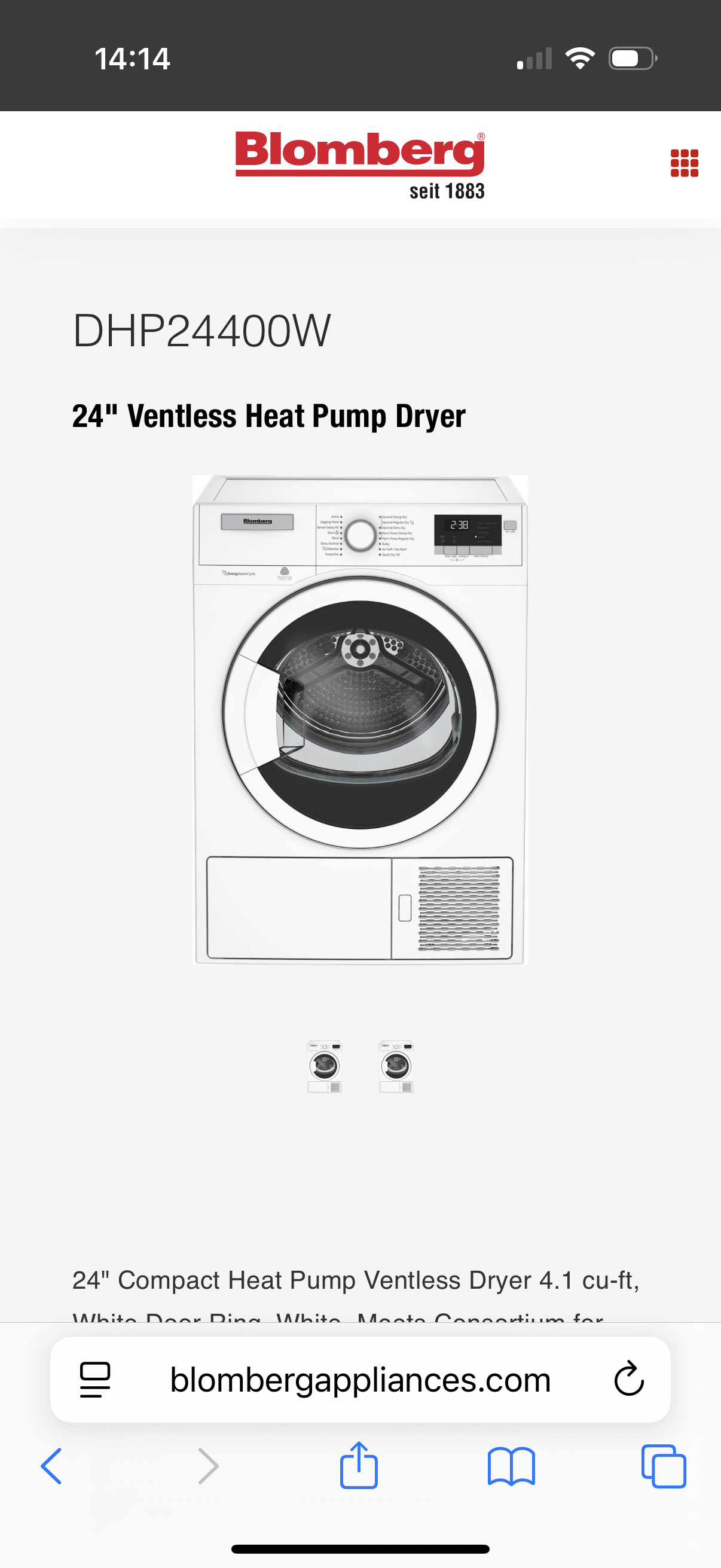 BLOMBERG Sécheuse frontale électrique de 4,1 pi cu avec cuve en acier inoxydable DHP 24400W
