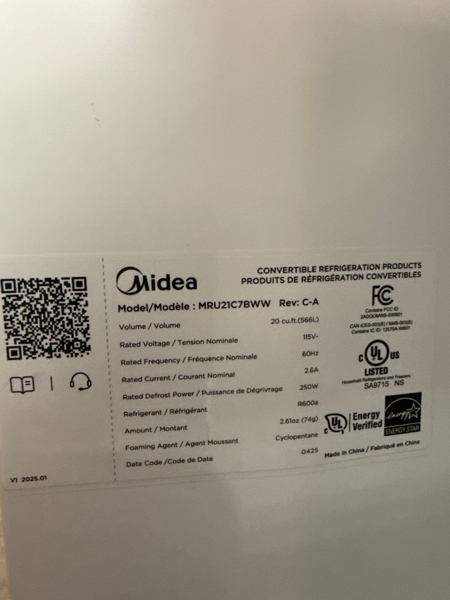 Réfrigérateur-congélateur 3-en-1 hybride Midea 20 pi³, blanc MRU21C7BWW