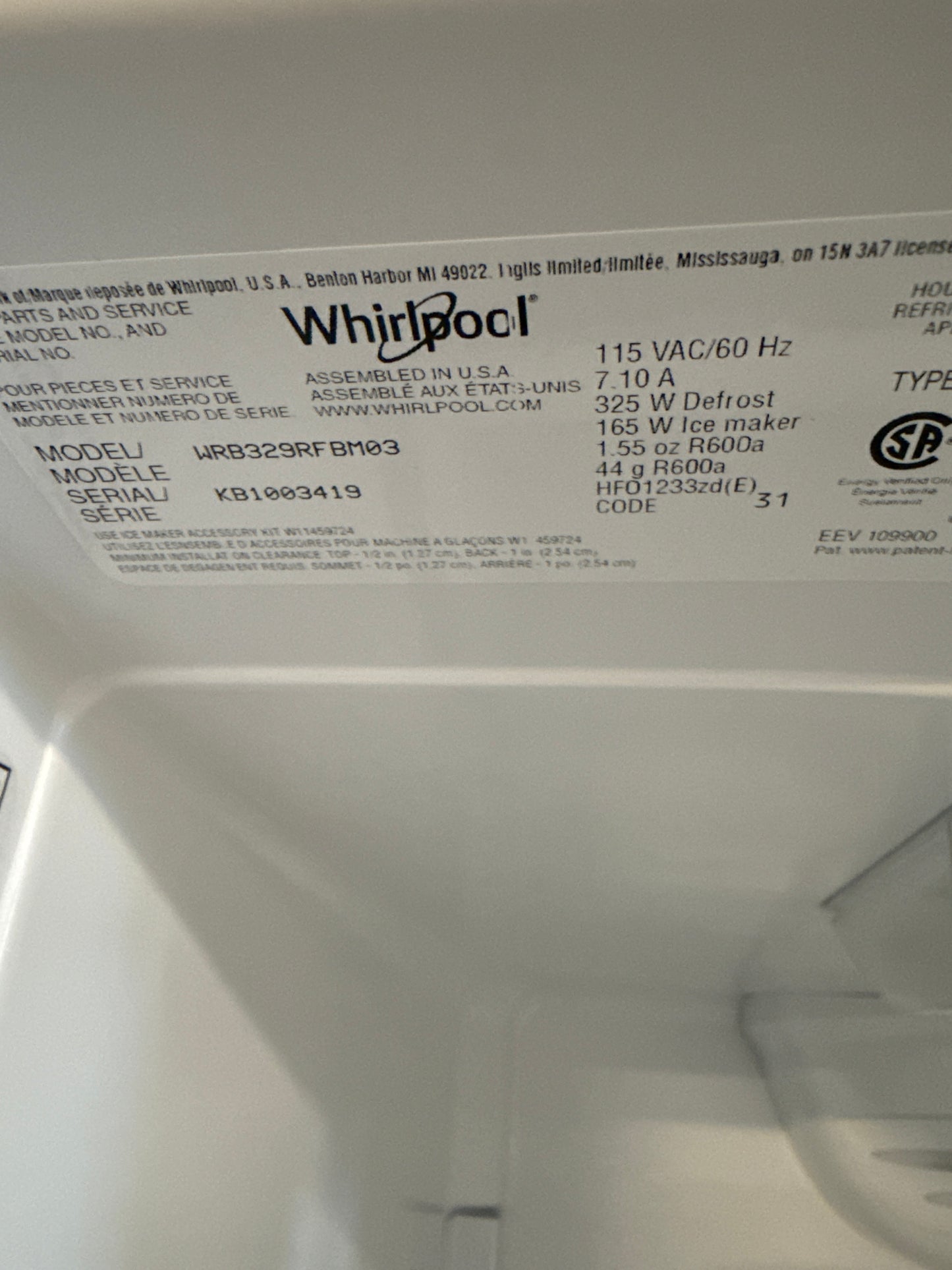 Réfrigérateur à congélateur inférieur 18.7 pi3 WRB329RFBM