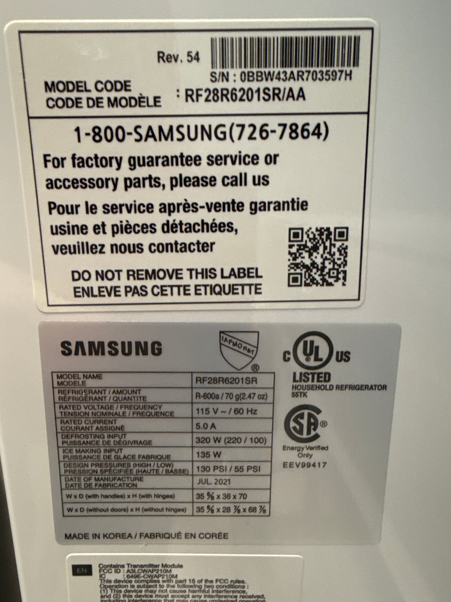 Réfrigérateur à double battant de profondeur pleine de 28 pi³ avec WI-FI et machine à glaçons de Samsung, inox RF28R6201SR