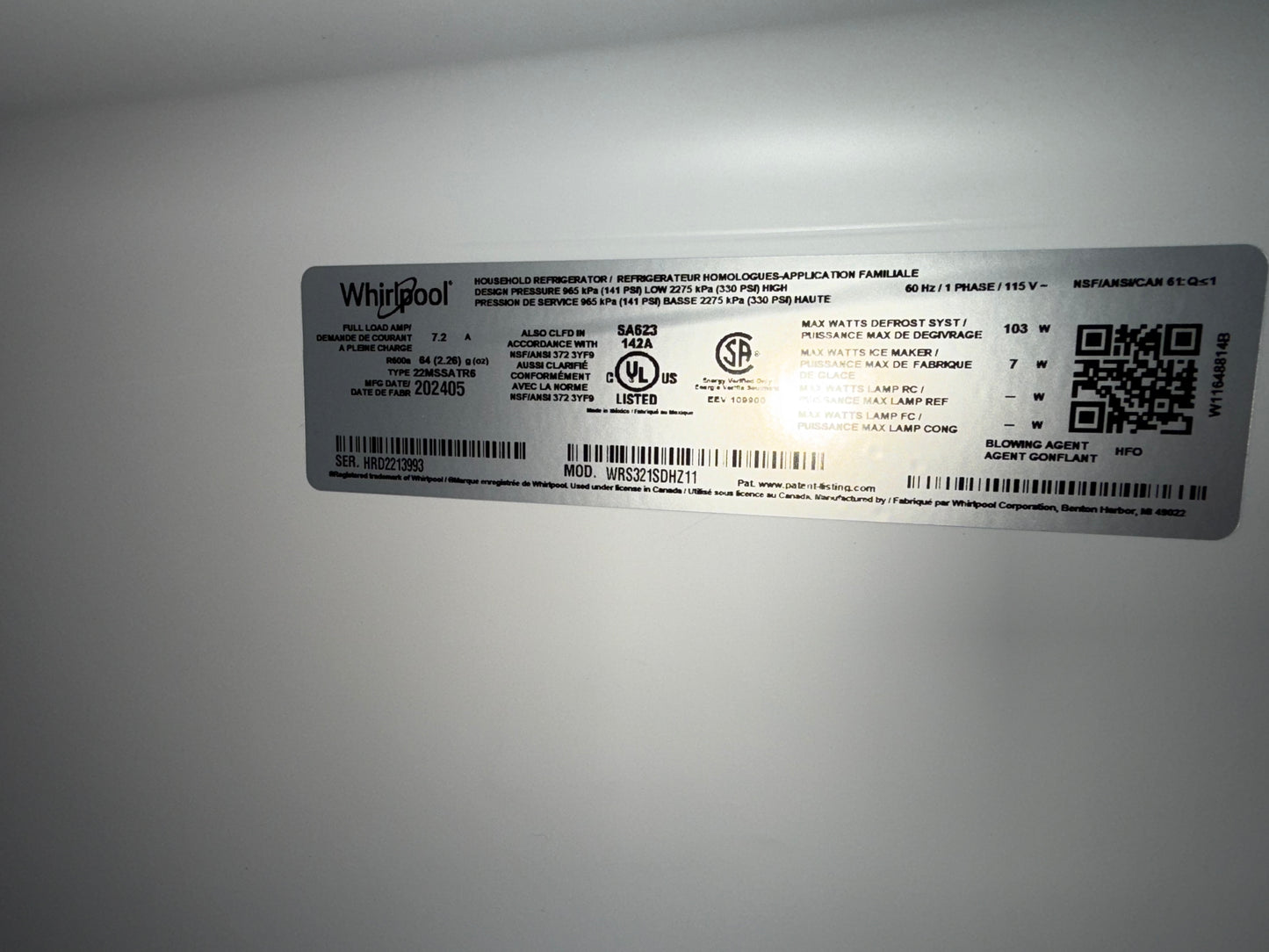 Réfrigérateur côte à côte 21,2 pi³ 33 po/distributeur eau/glaçons de Whirlpool (WRS321SDHZ)