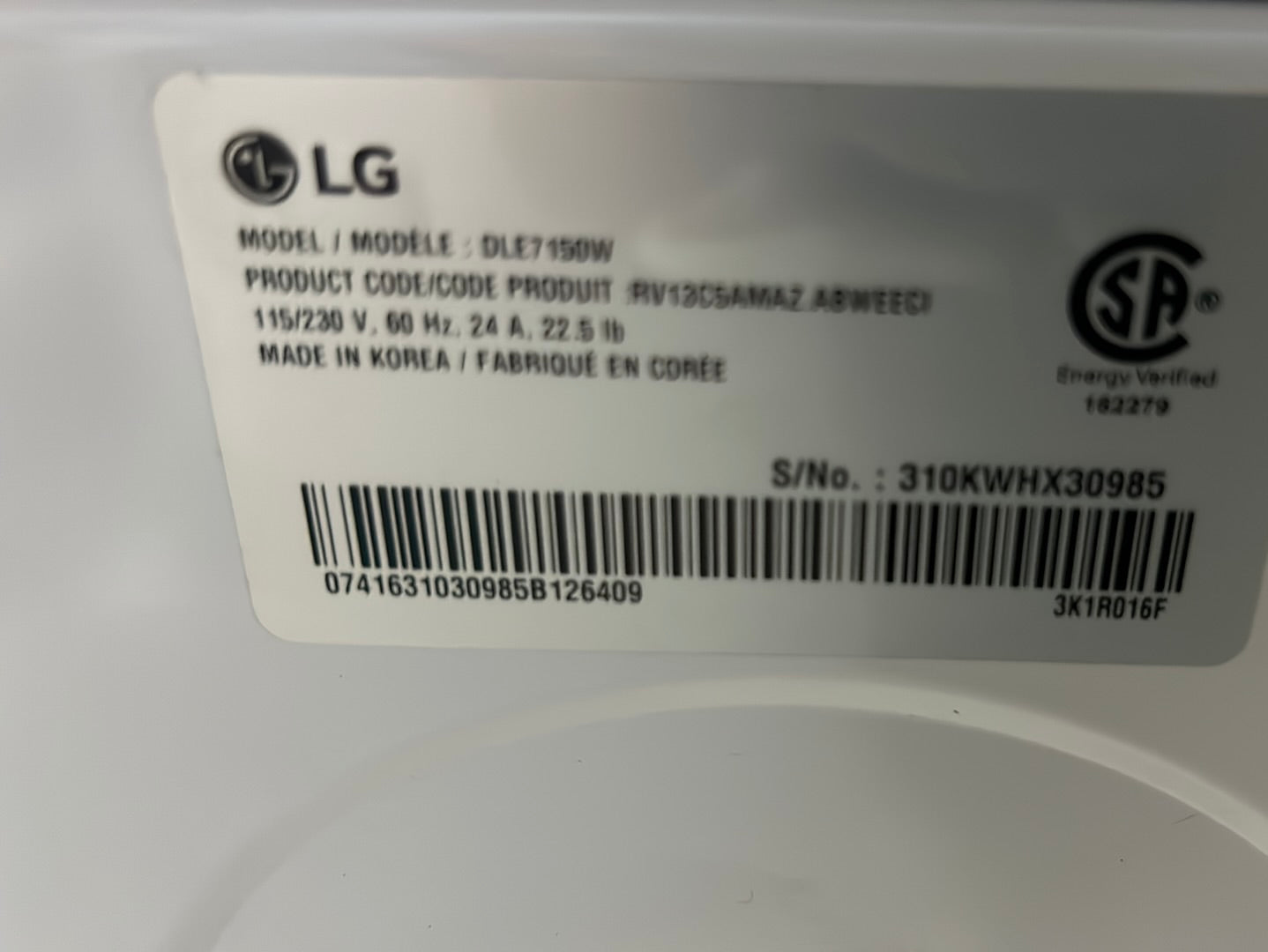 Sécheuse électrique de 7,4 pi³ de LG (DLE7150W) - Blanc