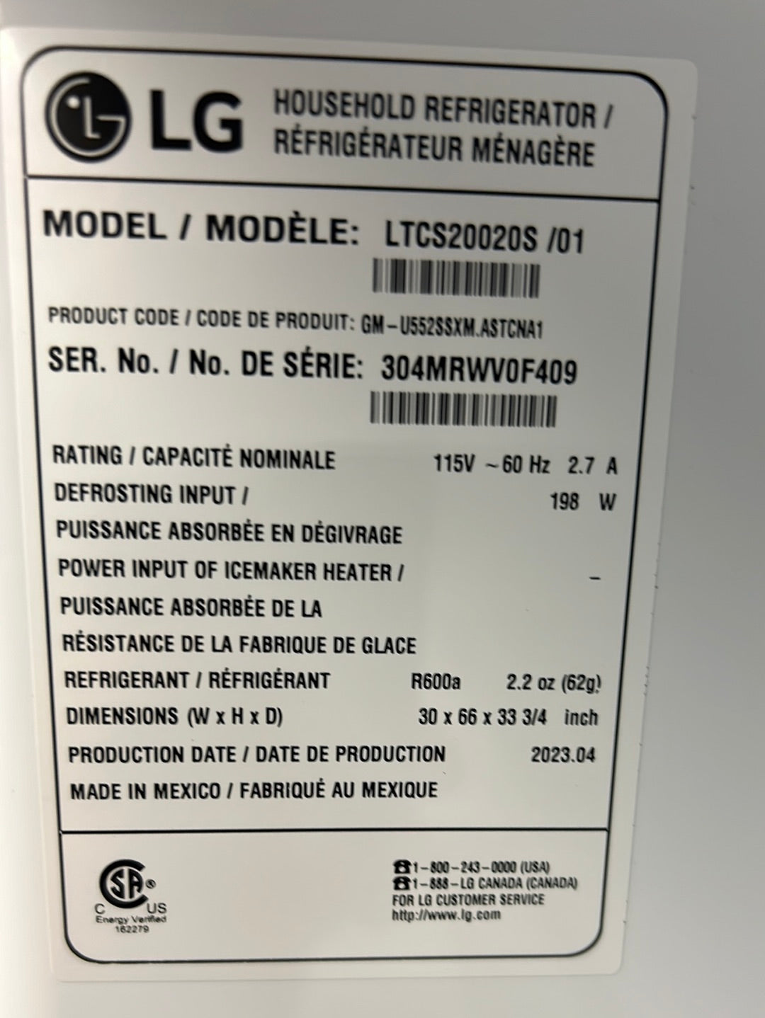 REFRIGERATEUR LG LTCS20020S