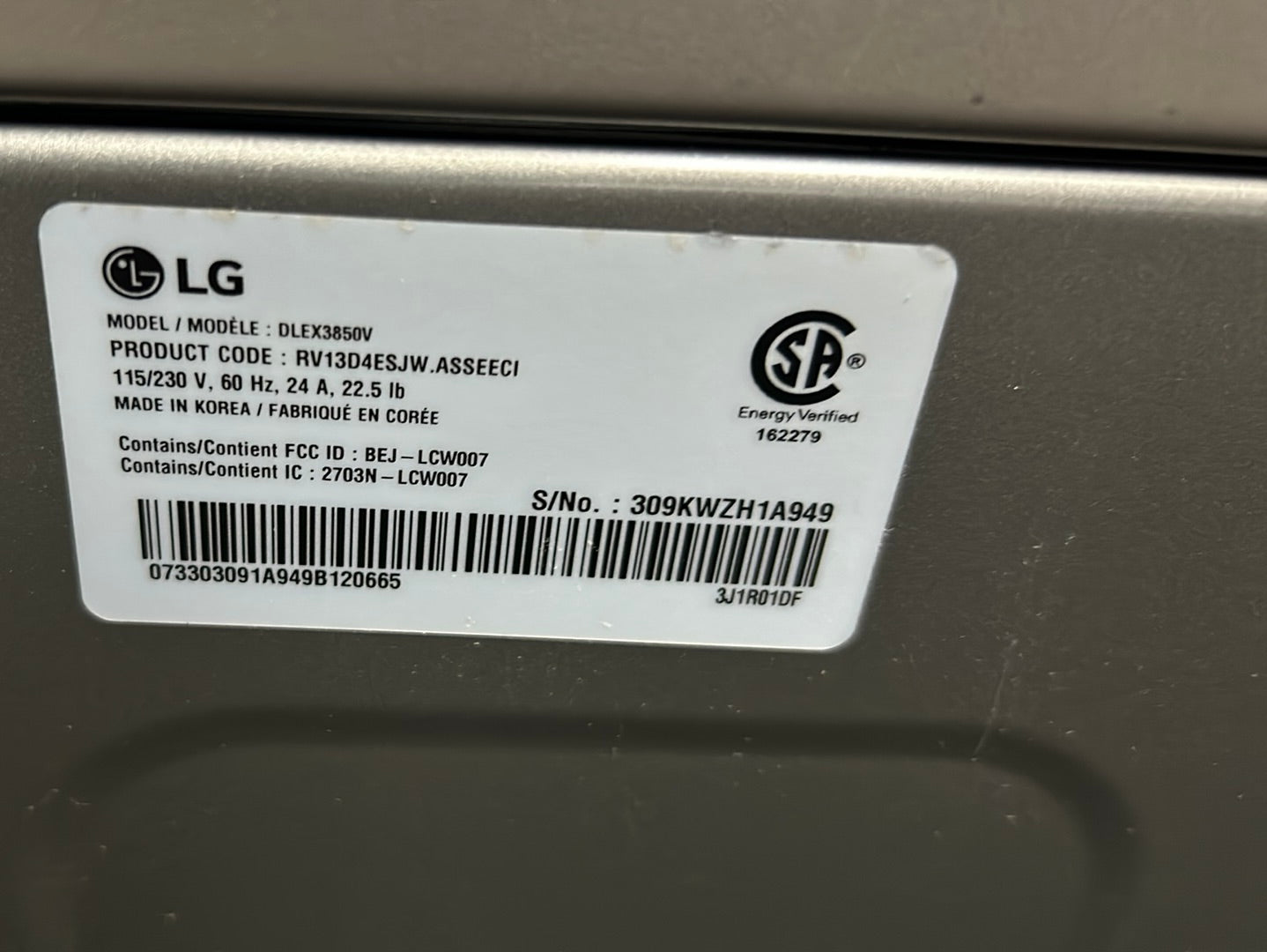 Sécheuse électrique à vapeur de 7,4 pi³ de LG (DLEX3850V) - Acier graphite