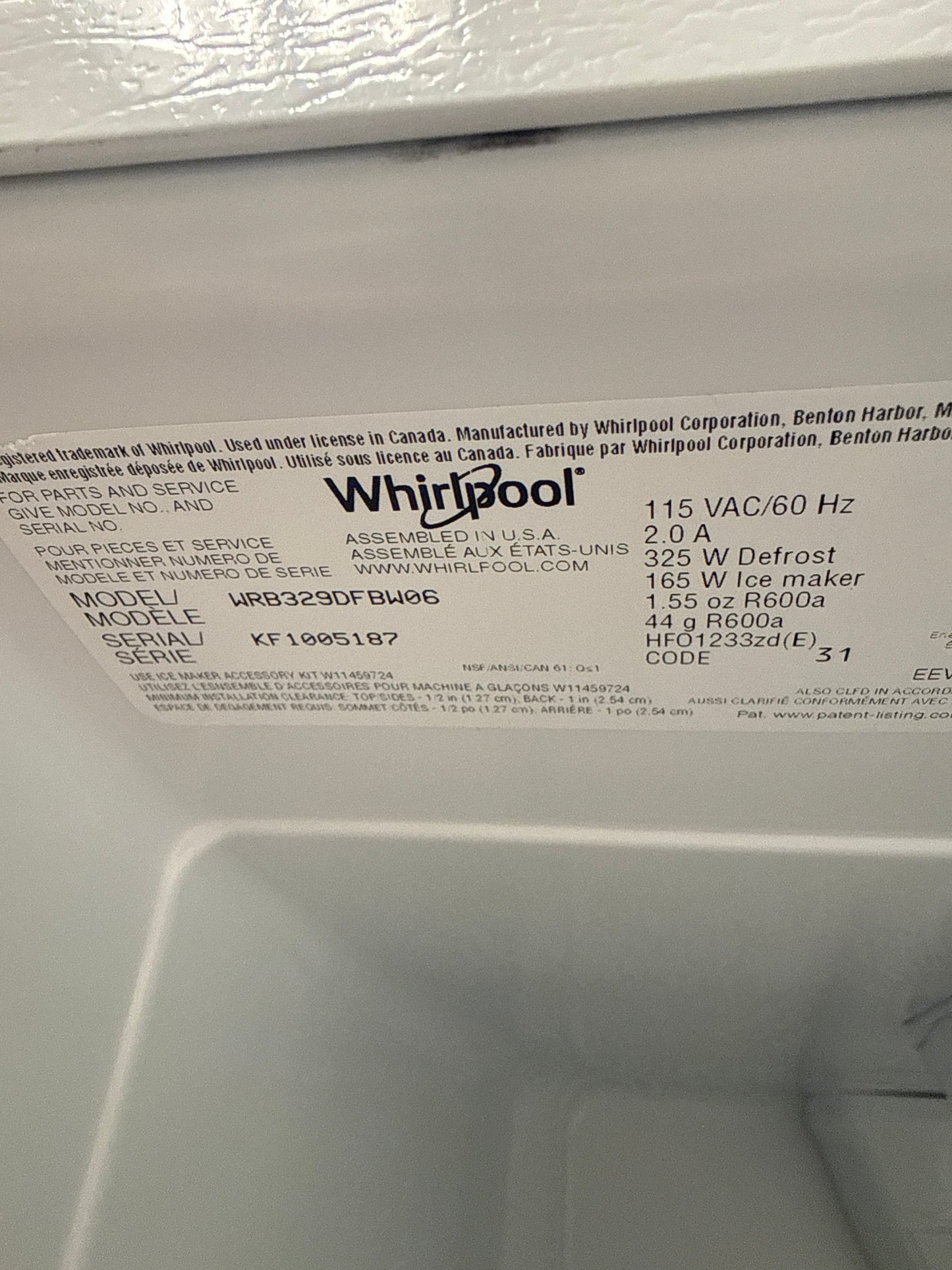Réfrigérateur WHIRLPOOL DE 18.67 pi. cu. Congélateur en bas / tiroir Blanc WRB329DFBW