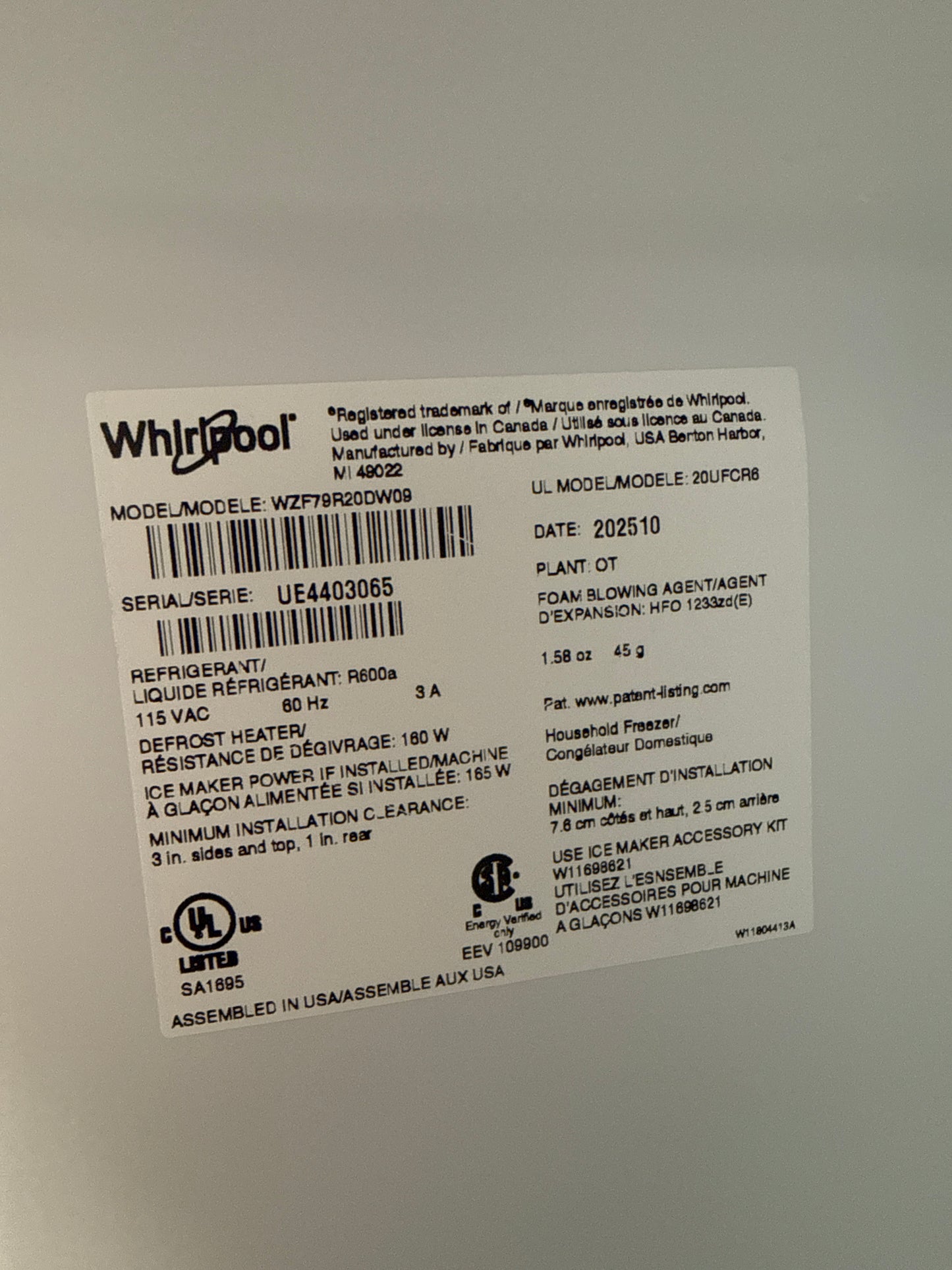 Congélateur vertical de 20 pi3 de Whirlpool (WZF79R20DW) - Blanc