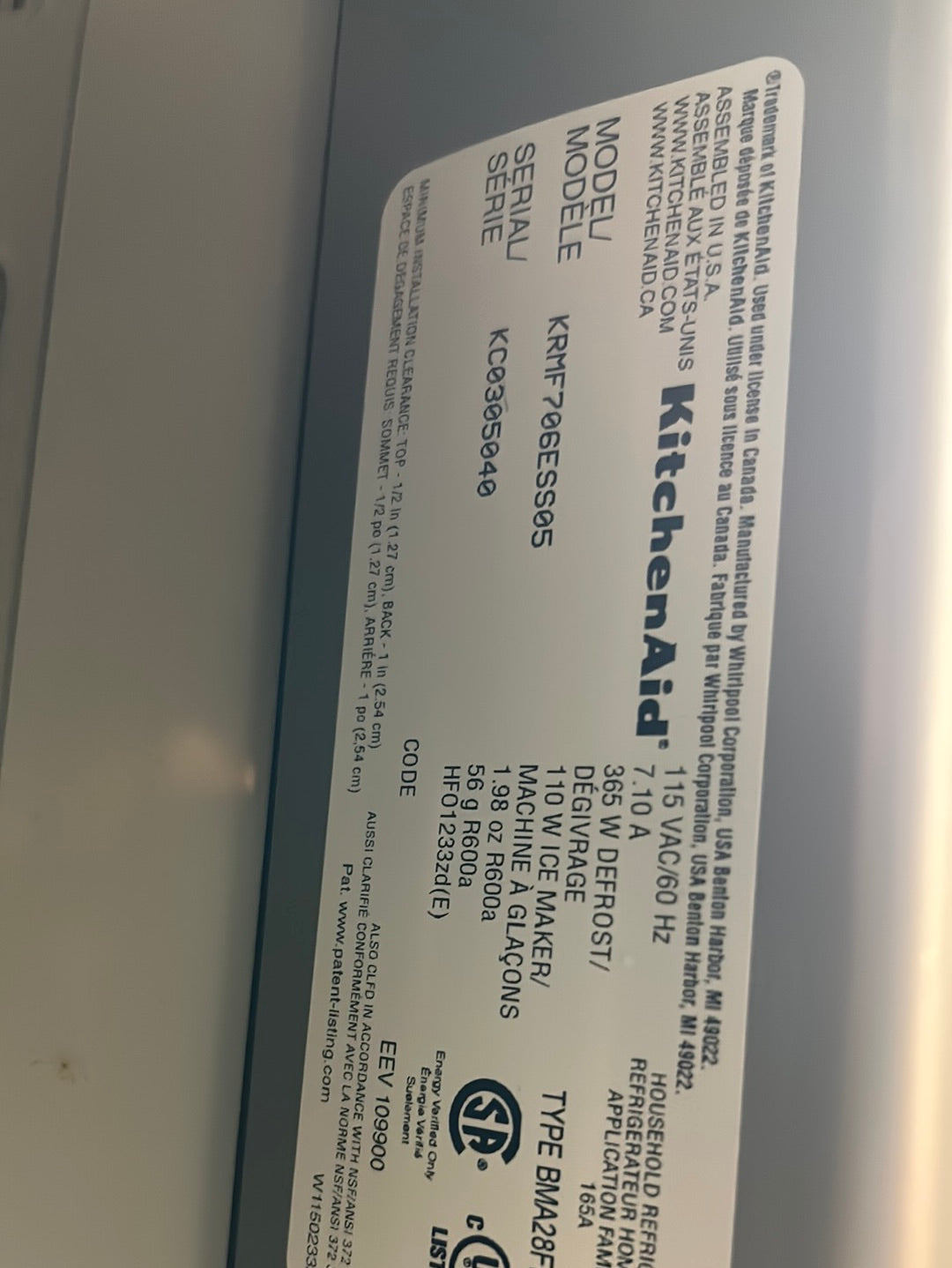 Réfrigérateur à deux portes 25,8 pi3 36 po, distributeur de glaçons et d'eau de KitchenAid - Inox  (KRMF706ESS)