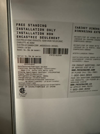 Réfrigérateur à congélateur en haut Frigidaire, porte réversible à fermeture automatique, 30 po, 18 pi³, acier inoxydable / FRTE1835AV