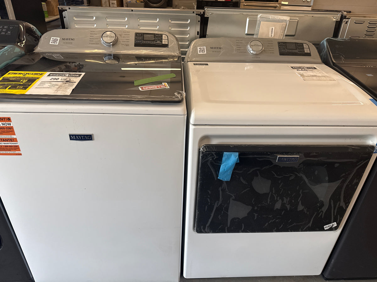Laveuse à chargement par haut HE 6 pi³ et sécheuse électrique 7,4 pi³ de Maytag - Blanc MTW7205RW/YMED7205RW