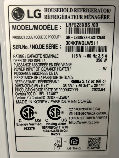 Réfrigérateur à deux portes 27,7 pi³ 36 po à distributeur eau et glaçons de LG (LRFS28XBS) - Inox
