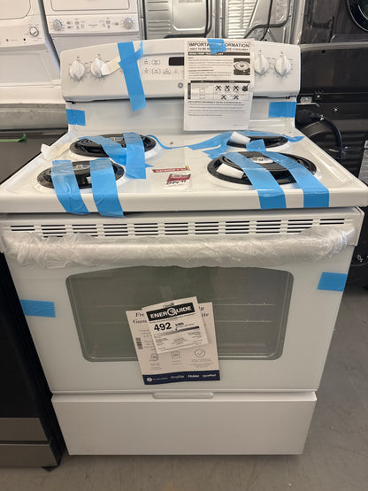 Cuisinière électrique autonome à serpentins/four autonettoyant 5 pi³ 30 po de GE (JCBP240DMWW)-Blanc