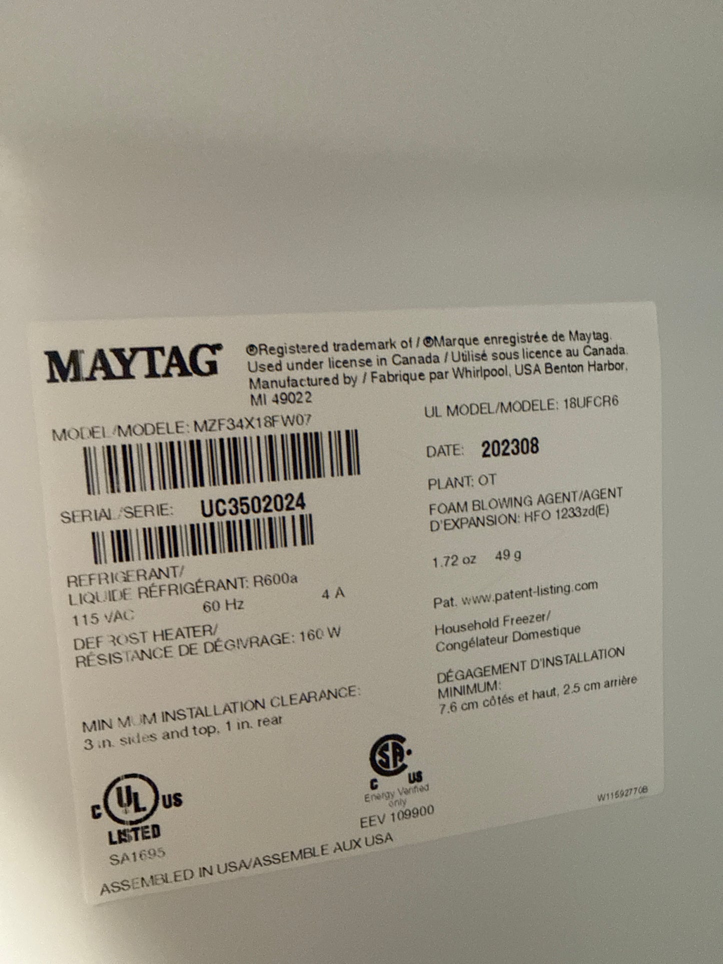 Congélateur vertical de 18,0 pi3 de Whirlpool (WZF34X18DW) - Blanc