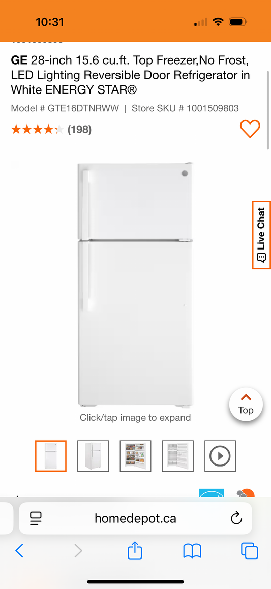 GE Réfrigérateur de 28 pouces avec congélateur supérieur de 15,6 pi3, sans givre, éclairage DEL, porte réversible en blanc ENERGY STAR®.