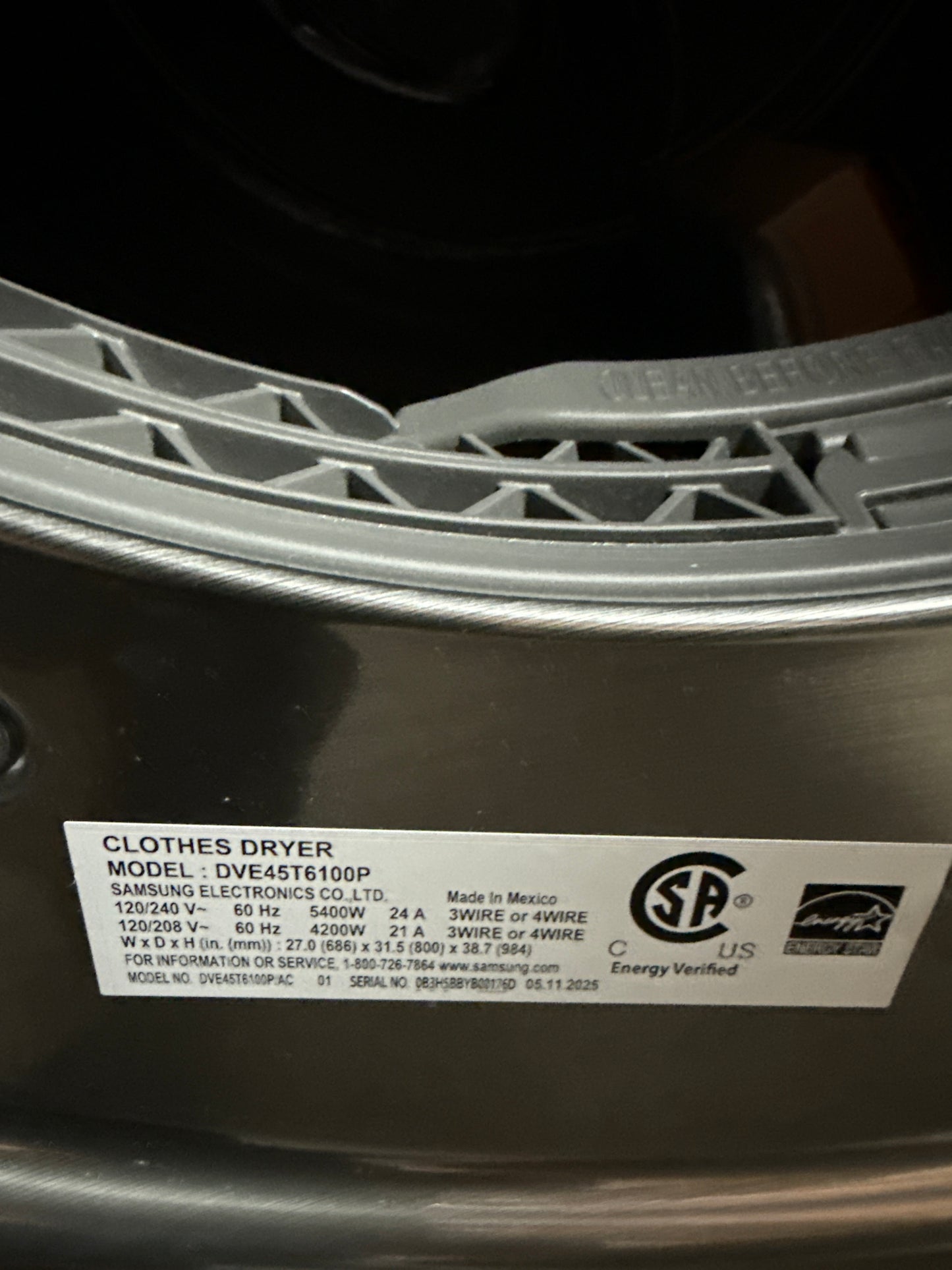 Sécheuse électrique à vapeur de 7,5 pi³ de Samsung (DVE45T6100P/AC) - Platine