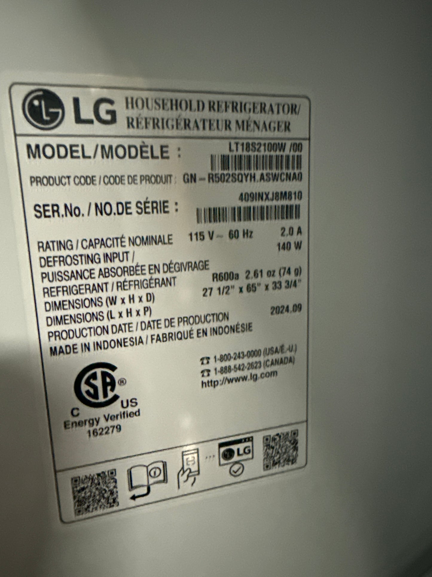 Réfrigérateur 17.5 Pi. cu. Congélateur en haut Blanc  LT18S2100W