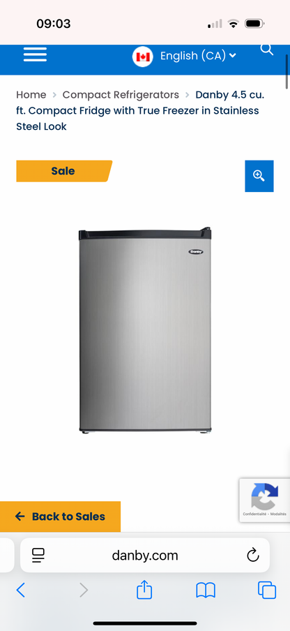 Réfrigérateur compact Danby 4,5 pi³ à tablette en verre en acier inoxydable, 21,31 x 34 x 23,06 po DCR045B1BSLDB