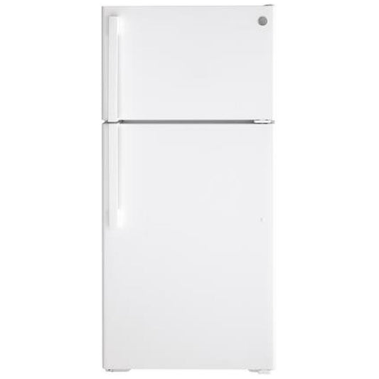 GE Réfrigérateur de 28 pouces avec congélateur supérieur de 15,6 pi3, sans givre, éclairage DEL, porte réversible en blanc ENERGY STAR®.