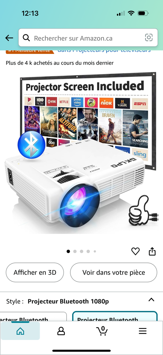 Mini projecteur 1080p avec écran de projection, zoom 50%, projecteur de film extérieur portable, compatible avec clé TV, jeux vidéo, HDMI, USB, smartphone