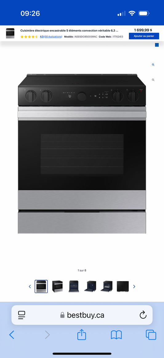Cuisinière électrique encastrable 5 éléments convection véritable 6,3 pi³ 30 po BESPOKE de Samsung (NSE6DG8500SRAC) - Acier inoxydable