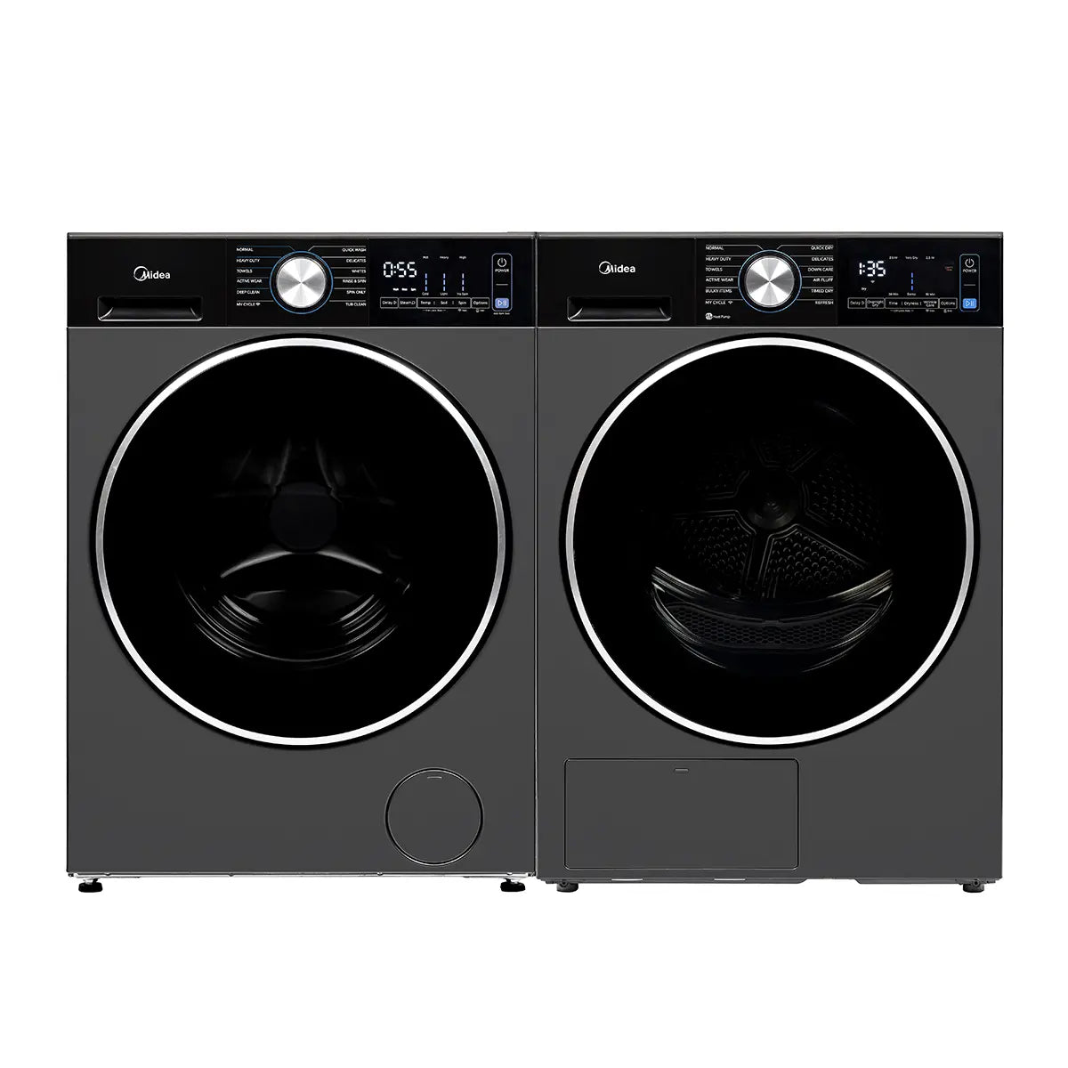 Midea - Ensemble de buanderie : Laveuse à chargement frontal de 3,1 pi³ et sécheuse électrique de 4,4 pi³ avec ensemble de superposition MLHW31S2BBG   | MLHE31S2BBG