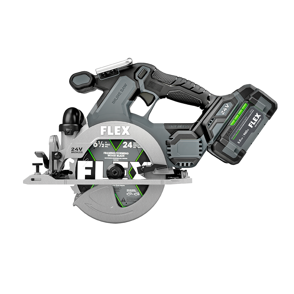 Scie circulaire sans fil et sans balai 24 V de 7 1/2 po FLEX, batterie au lithium à cellules empilées et chargeur inclusFX2141-1J