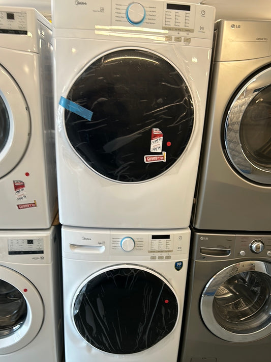 Midea -Ensemble de buanderie blanc de deux pièces avec laveuse MLH52N5AWW à chargement frontal de 5,2 pi3 et sécheuse MLE52N5AWW électrique de 8,0 pi3 et kit d'empilage - côte à côte ou empilés